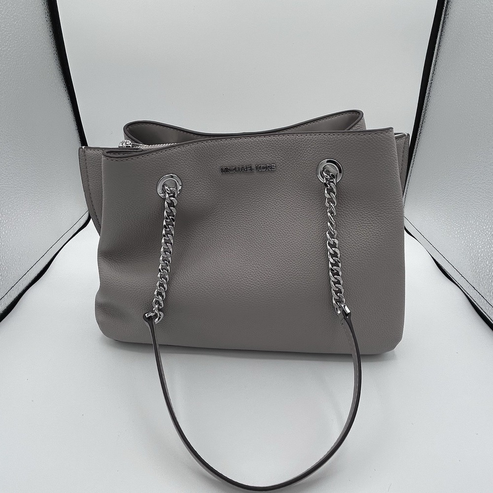 Michael Kors Teagan Long Drop Satchel Pearl Grey Pebbled Leather NEW MSRP $448.